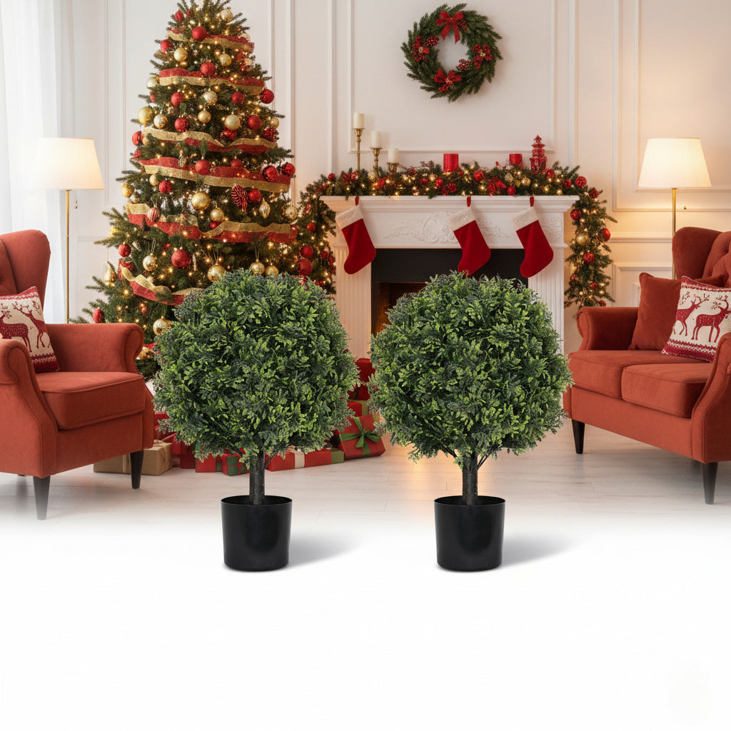 2PCS Set 22in Artificial Trees Natural Boxwood Topiary Fake Plants Evergreen Potted For Porch Patio Entryway Indoor Christmas Home Decor