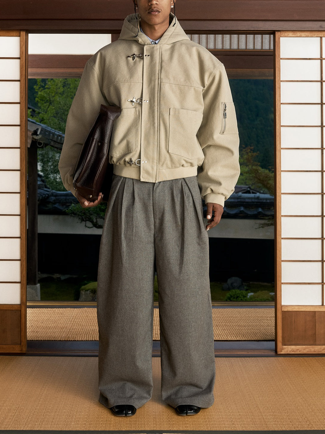 Beige Duffle Coat With Hood And Toggle Closure