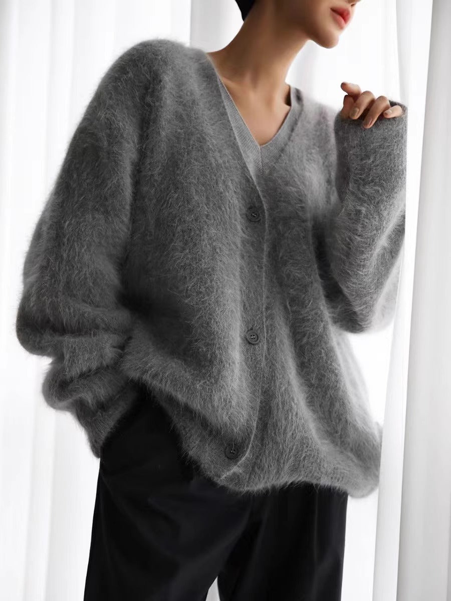 V-neck Faux Mink Fur Sweater Coat Women Fluffy Knitted Cardigan