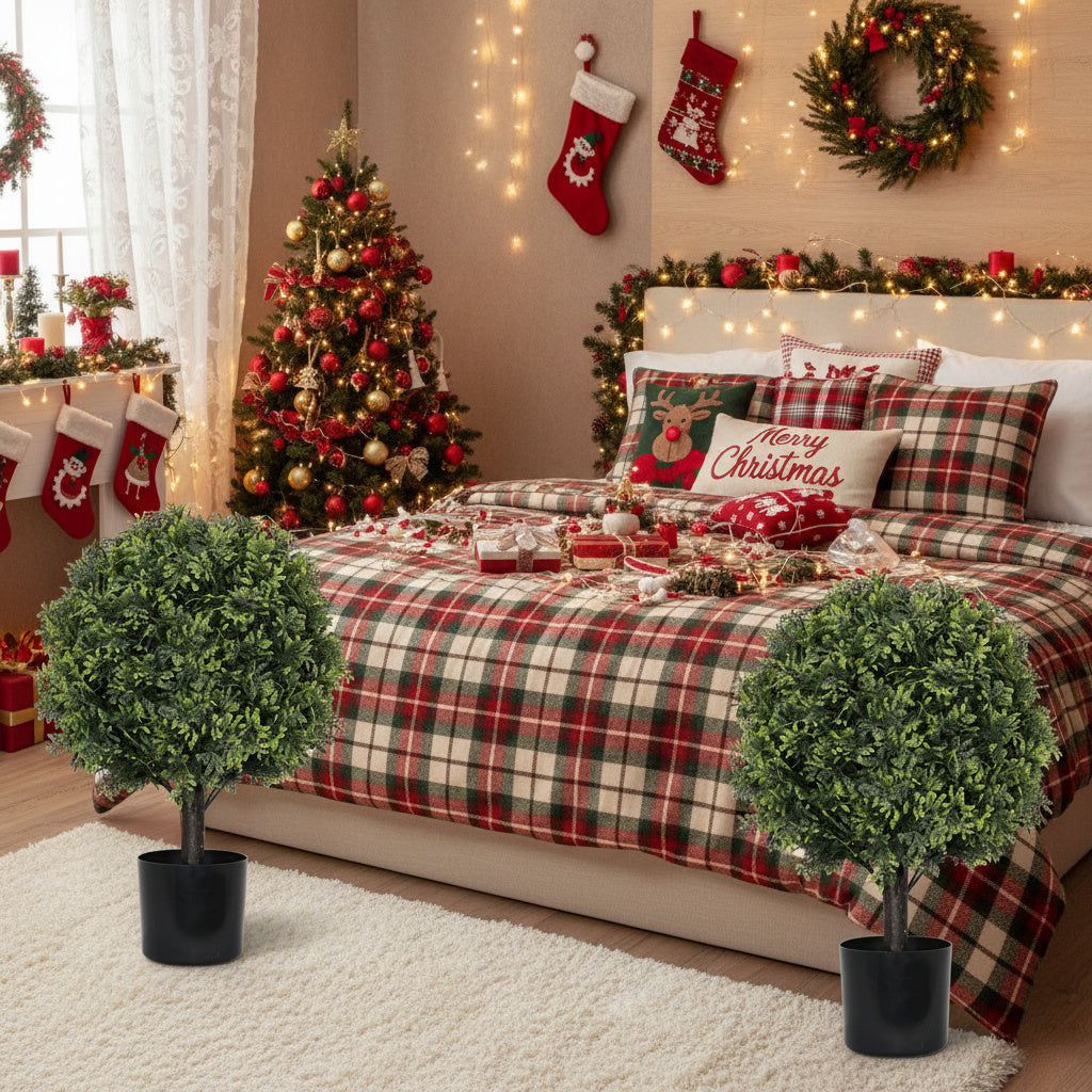2PCS Set 22in Artificial Trees Natural Boxwood Topiary Fake Plants Evergreen Potted For Porch Patio Entryway Indoor Christmas Home Decor