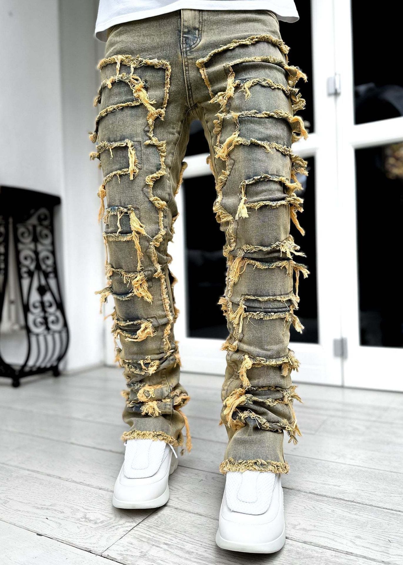 Ins Fringes Ripped Trousers Individual Patched Pants Long Tight Fit Stacked Jeans For Mens Clothing