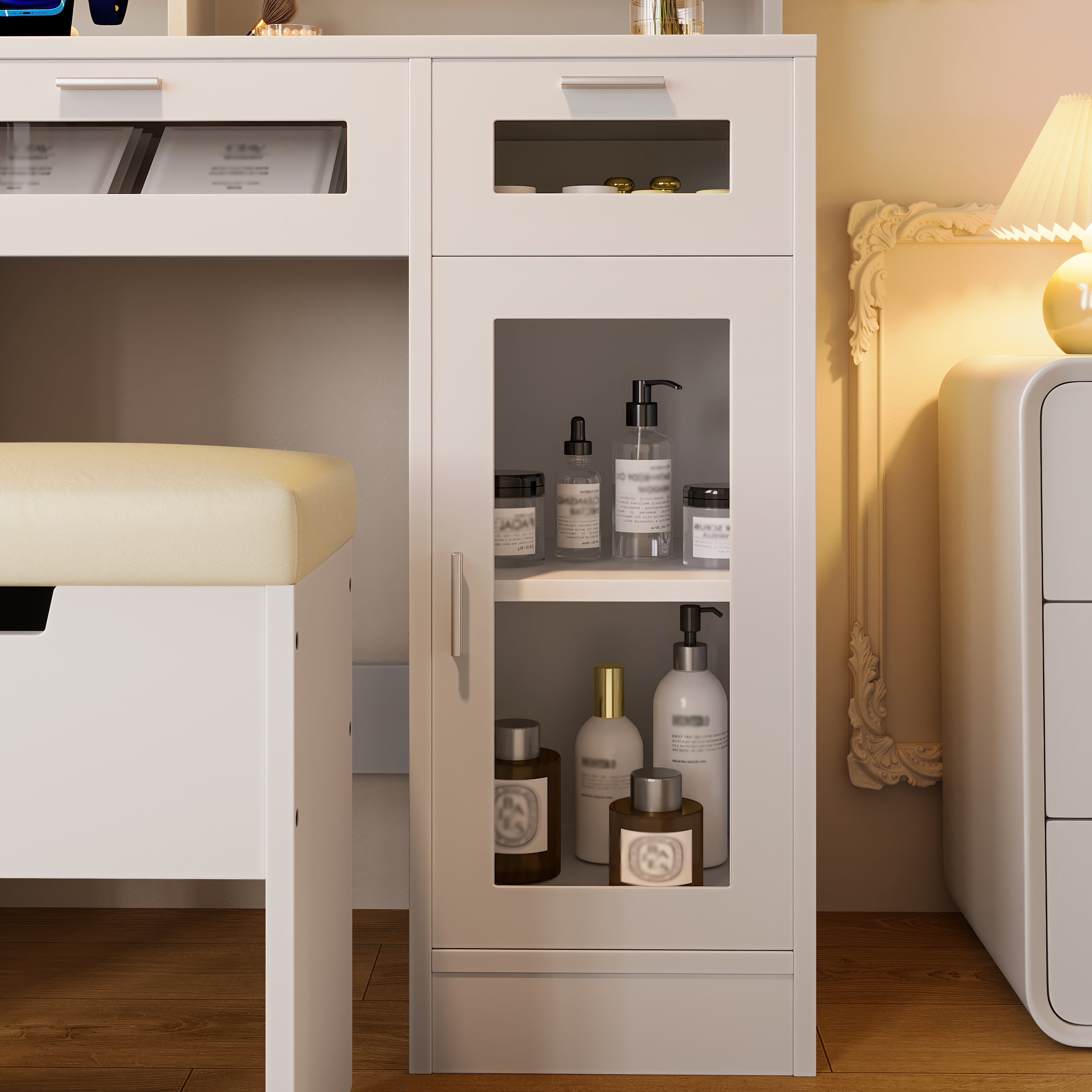 41.3 Makeup Vanity With Sliding Mirror And LED Lights, Dressing Table With  Storage Stool, 3 Drawers And 2 RGB Cabinets, Vanity Desk With Open Shelves And Charging Station, White