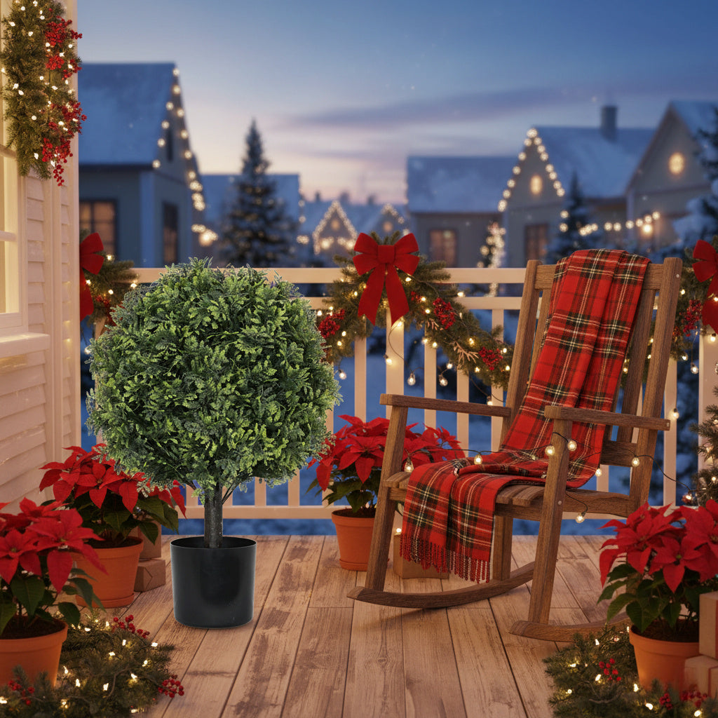 2PCS Set 22in Artificial Trees Natural Boxwood Topiary Fake Plants Evergreen Potted For Porch Patio Entryway Indoor Christmas Home Decor