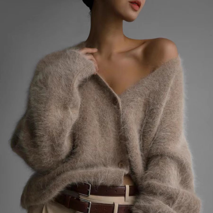 V-neck Faux Mink Fur Sweater Coat Women Fluffy Knitted Cardigan