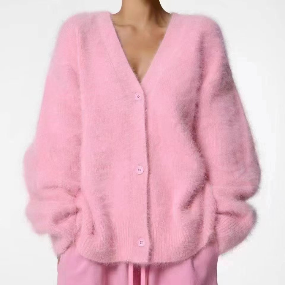 V-neck Faux Mink Fur Sweater Coat Women Fluffy Knitted Cardigan