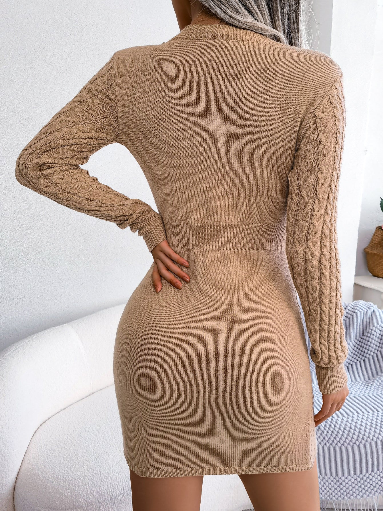 Women Sexy Hollow Out Cable Knit Cinched Bodycon Sweater Dress