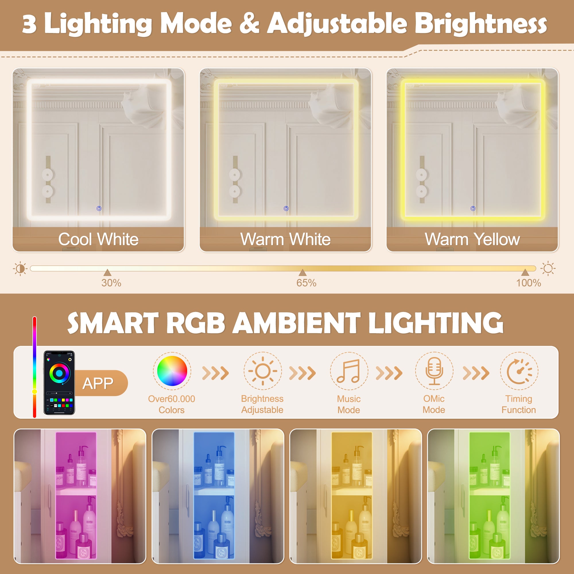 41.3 Makeup Vanity With Sliding Mirror And LED Lights, Dressing Table With  Storage Stool, 3 Drawers And 2 RGB Cabinets, Vanity Desk With Open Shelves And Charging Station, White