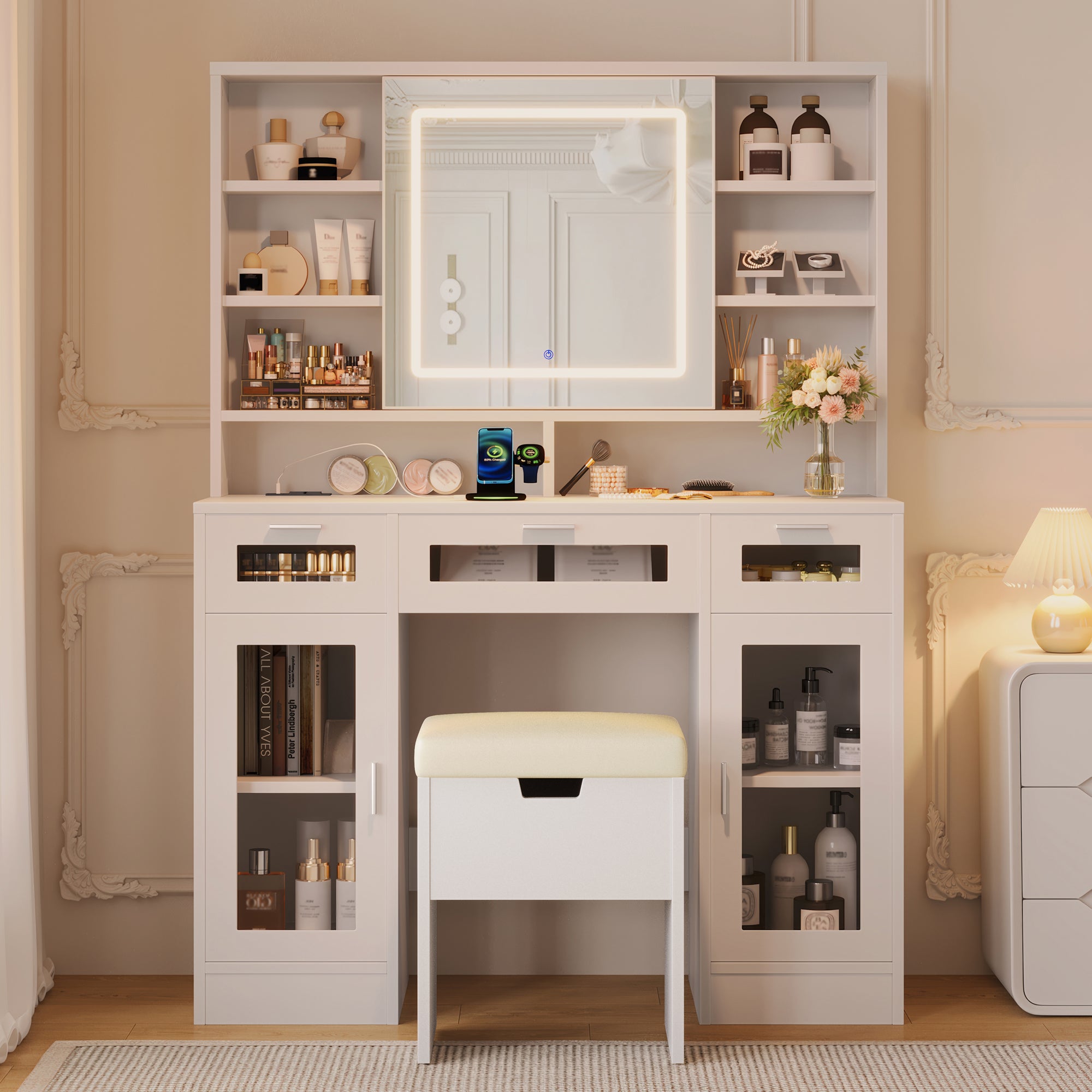 41.3 Makeup Vanity With Sliding Mirror And LED Lights, Dressing Table With  Storage Stool, 3 Drawers And 2 RGB Cabinets, Vanity Desk With Open Shelves And Charging Station, White
