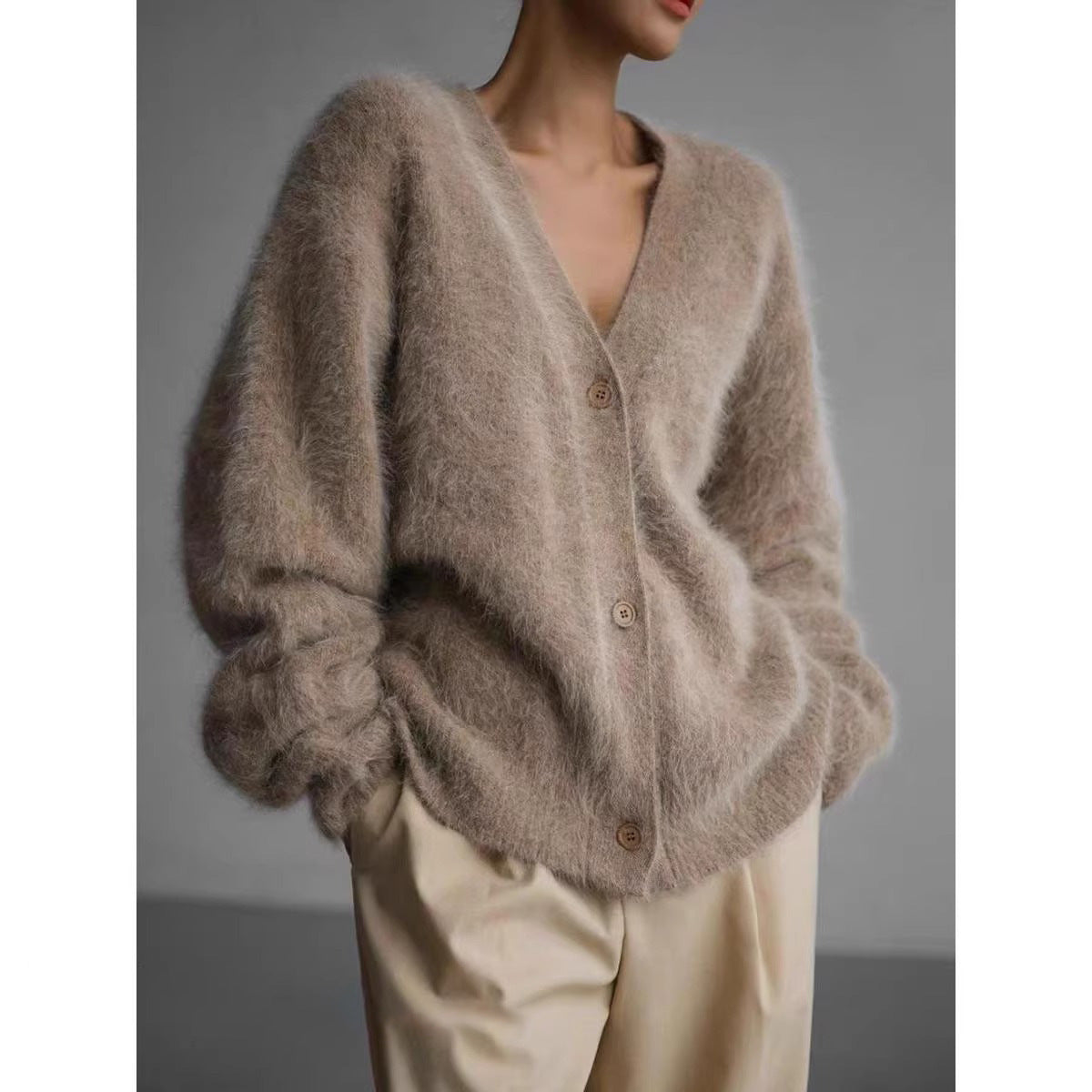 V-neck Faux Mink Fur Sweater Coat Women Fluffy Knitted Cardigan