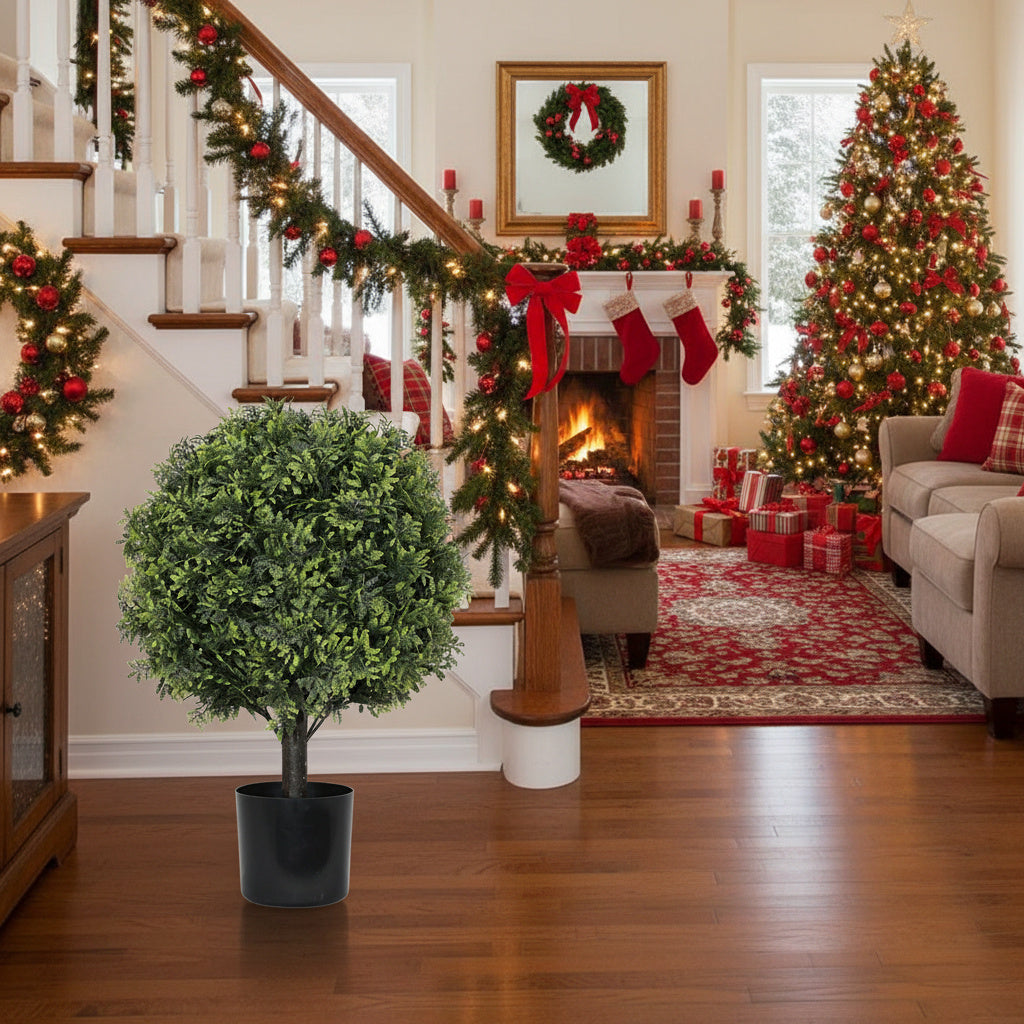 2PCS Set 22in Artificial Trees Natural Boxwood Topiary Fake Plants Evergreen Potted For Porch Patio Entryway Indoor Christmas Home Decor