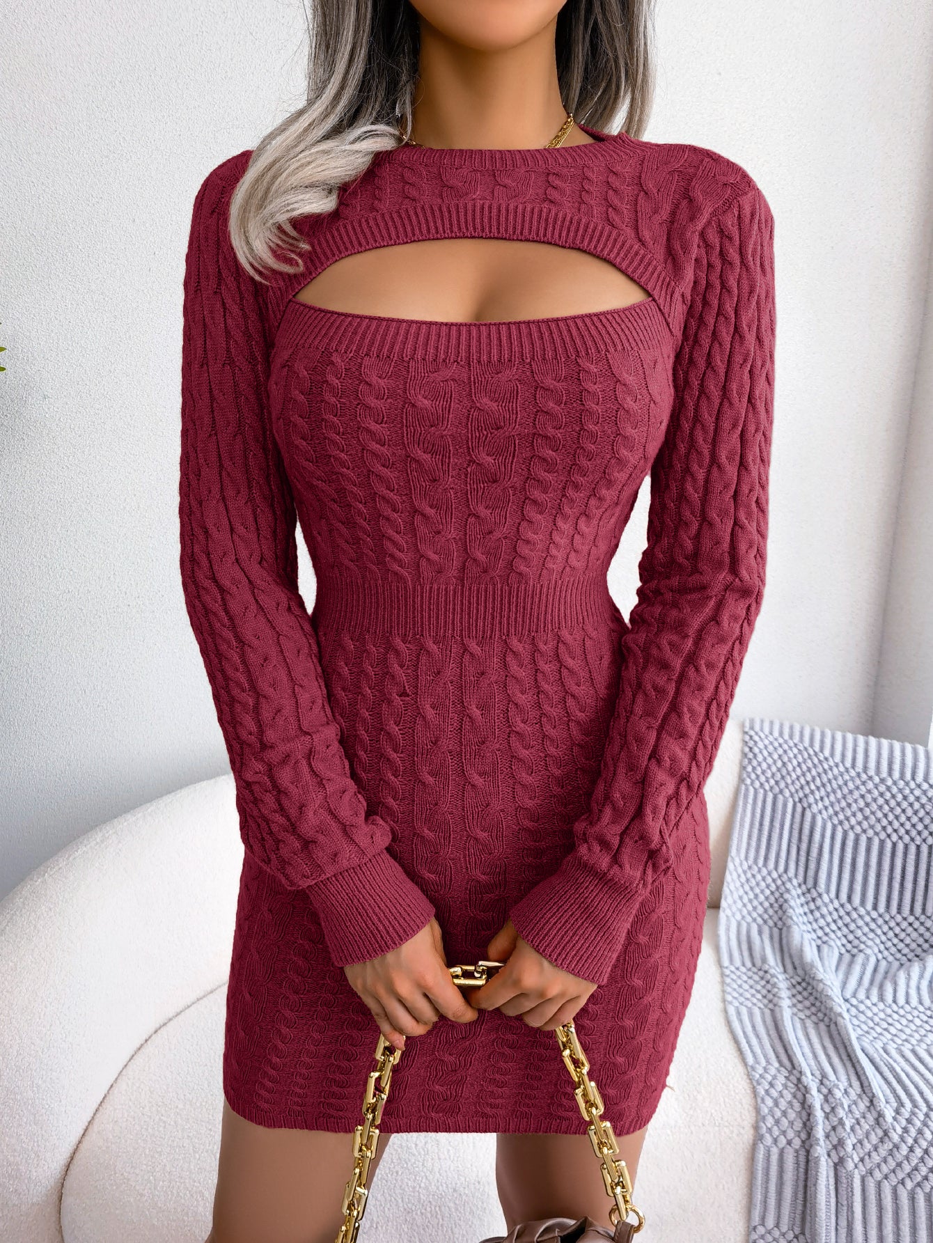 Women Sexy Hollow Out Cable Knit Cinched Bodycon Sweater Dress