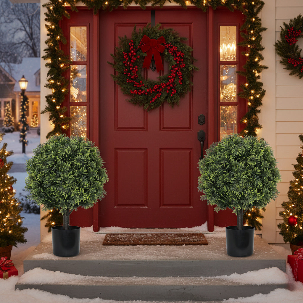 2PCS Set 22in Artificial Trees Natural Boxwood Topiary Fake Plants Evergreen Potted For Porch Patio Entryway Indoor Christmas Home Decor