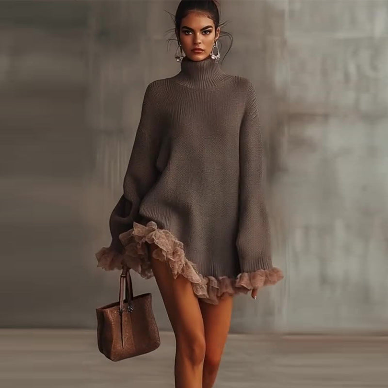 Knitted High-neck Ruffled Long-sleeve Gray Sweater
