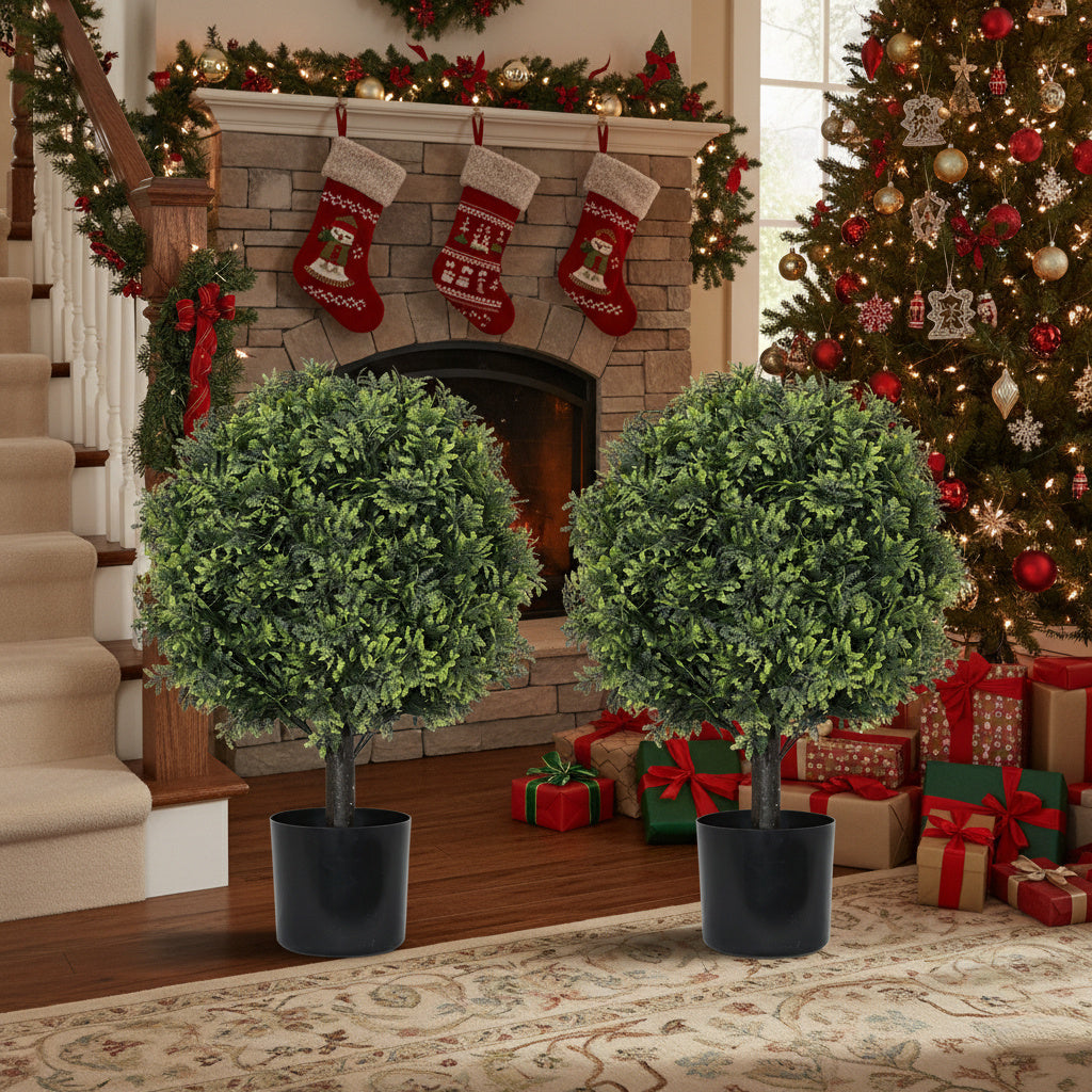 2PCS Set 22in Artificial Trees Natural Boxwood Topiary Fake Plants Evergreen Potted For Porch Patio Entryway Indoor Christmas Home Decor